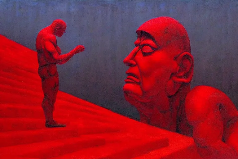 Image similar to only with red, a red melted emperor in an authoritarian position, taormina amphitheatre, crowd hails him, in the style of beksinski, parts by edward hopper, parts by rodcenko, parts by yue minjun, intricate and epic composition, red by caravaggio, insane quality, highly detailed, masterpiece, red light, artstation