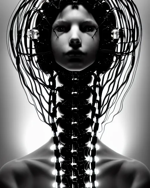 Image similar to black and white young cyborg-human-jellyfish-plant goddess high quality photo, microchip, artificial intelligence, bio-mechanical bio-luminescence, black wired cables, neurons, nerve cells, octane render, cinematic, rim light, hyper realism, photo-realistic, high detail, 8k, masterpiece, high fashion, in the style of Steven Meisel and Dora Maar and H.G. Giger