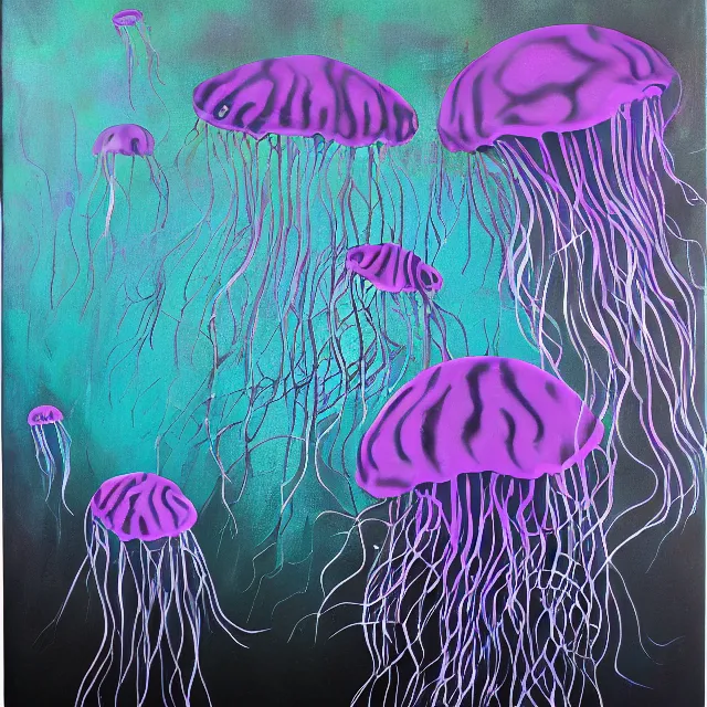 Prompt: violet jellyfish, black fish, stingray, grey coral, depression, neo - expressionism, surrealism, acrylic and spray paint and oilstick on canvas