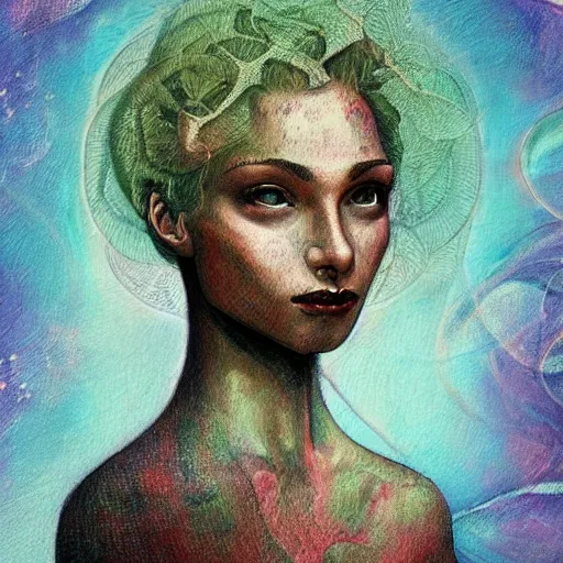 Image similar to beautiful detailed artistic portrait of a person travelling between different astral planes. grainy and rough. fine detail. soft colour scheme. artistic painting by lurid ( 2 0 2 2 ). featured on deviantart.