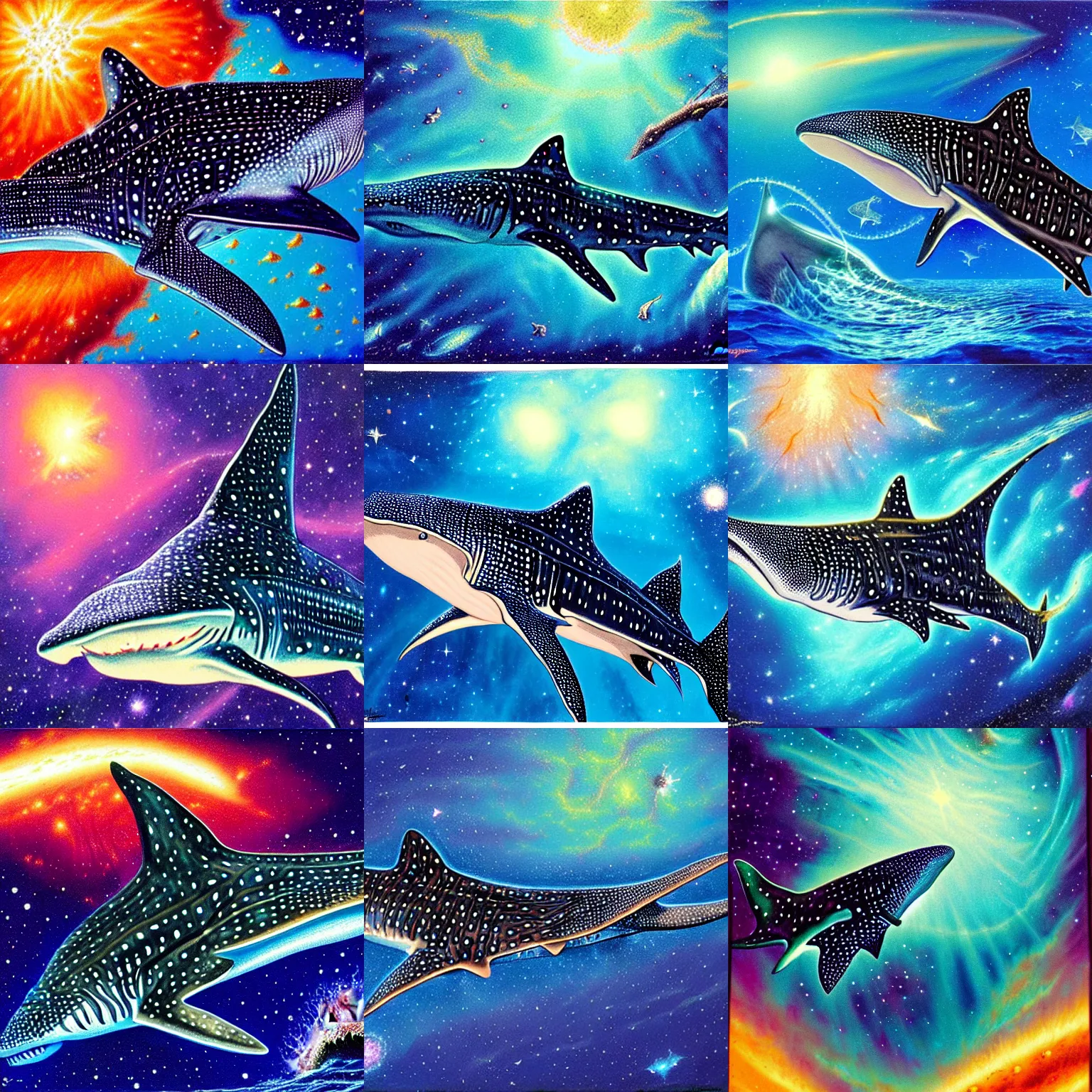 Prompt: finely detailed gouache painting of a whale shark, swirling luminous nebula background, bob eggleton, ultra detailed, gouache illustration of whale - shark foreground, colorful nebula background, mike ploog, sharp focus, 8 k, deviantart