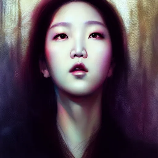 Image similar to roseanne park of blackpink, hyperrealistic portrait, bladerunner street, by karol bak and agnes cecile, fantasy art, photo realistic, dynamic lighting, artstation, poster, volumetric lighting, very detailed face, intricate complexity, rule of thirds, 8 k, award winning