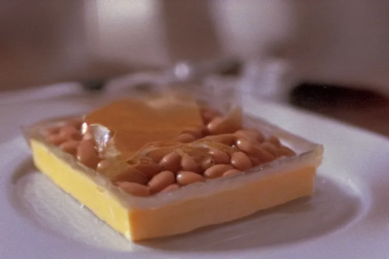 Image similar to yogurt, baked bean and cheese aspic, in 1 9 9 5, y 2 k cybercore, industrial low - light photography, still from a ridley scott movie