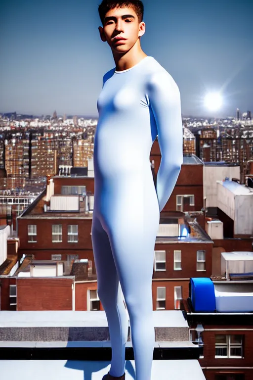 Image similar to un ultra high definition studio quality photographic art portrait of a young man standing on the rooftop of a british apartment building wearing soft loose inflatable padded iridescent pearlescent clothing. three point light. extremely detailed. golden ratio, ray tracing, volumetric light, shallow depth of field. set dressed.