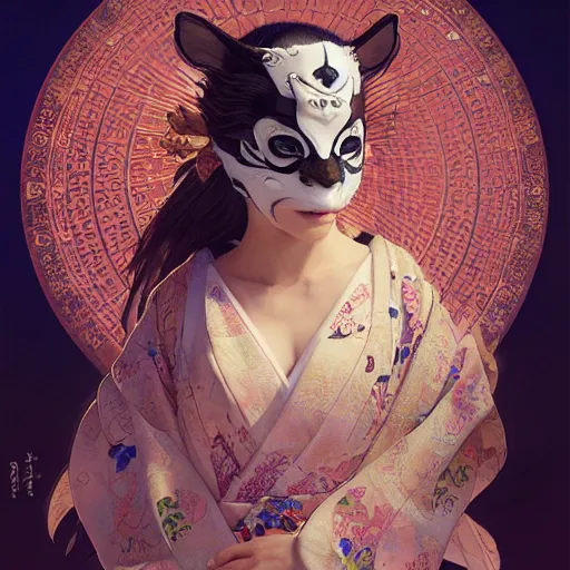 Image similar to a photorealistic dramatic fantasy render of a beautiful woman wearing a beautiful intricately detailed japanese monkey kitsune mask and clasical japanese kimono by wlop, artgerm, greg rutkowski, alphonse mucha, beautiful dynamic dramatic dark moody lighting, shadows, cinematic atmosphere, artstation, concept design art, octane render, 8 k