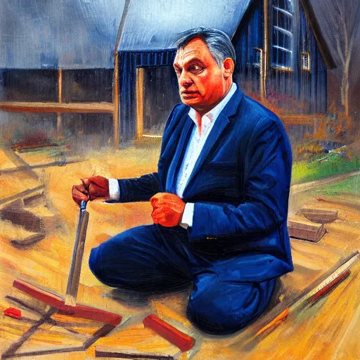 Image similar to viktor orban building a house, oil painting