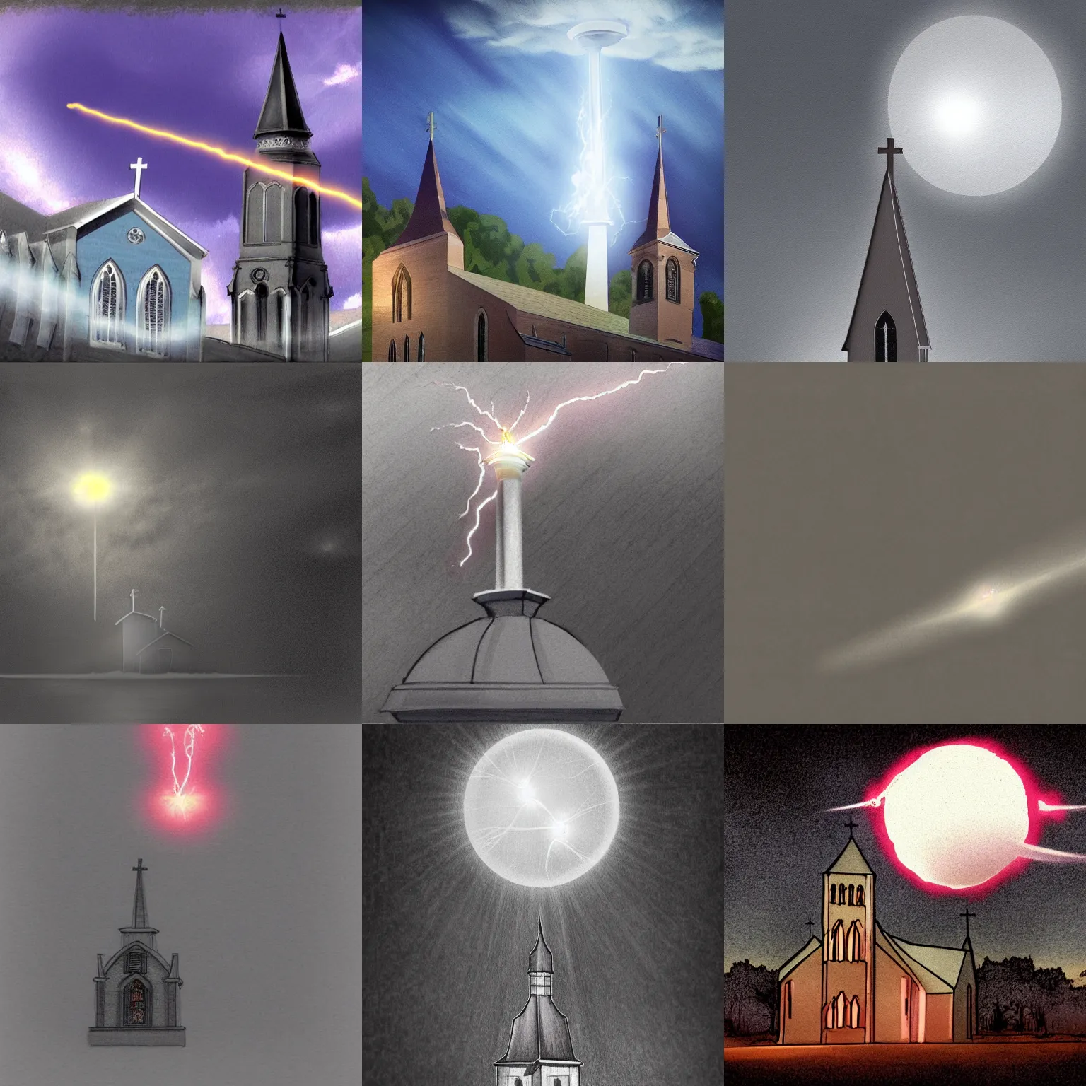 Prompt: Ball lightning hovering over a church steeple, concept art