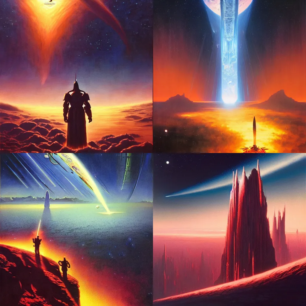 Prompt: the epic journey of a hero, by Vincent Di Fate, by Bruce Pennington, by David A. Hardy, by Wayne Barlowe, masterpiece, oil on canvas, trending on artstation, featured on pixiv, cinematic composition, dramatic scene, beautiful lighting, sharp, high details, astrophotography, no frames, 8K