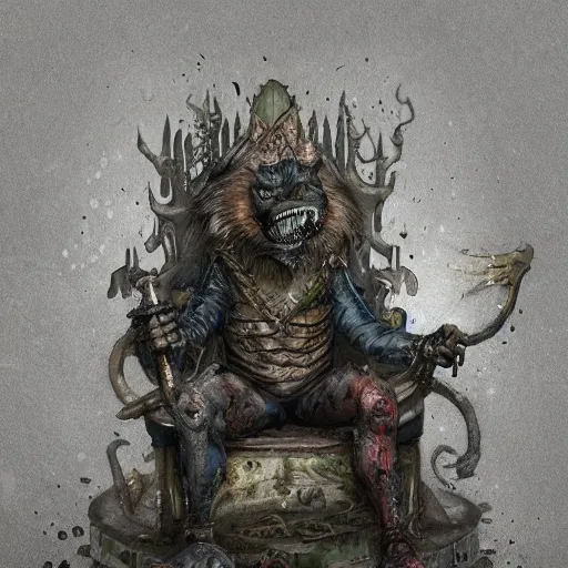 Image similar to murky sewer scene with an evil rat sitting on a throne, surrounded by his court of rats, wearing elaborate reneissance clothing. trending on artstation, fantasy illustration, rat people, extremely detailed, grim