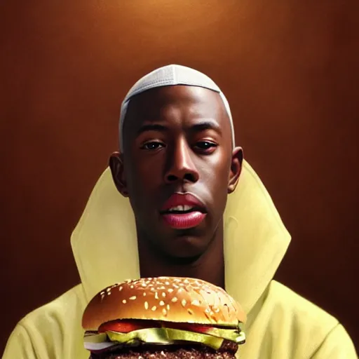 Image similar to portrait of tyler the creator eating hamburgers, extra onions and ketchup, luscious patty with sesame seeds, feminine ethereal, handsome, d & d, fantasy, intricate, elegant, highly detailed, digital painting, artstation, concept art, matte, sharp focus, illustration, art by artgerm and greg rutkowski and alphonse mucha