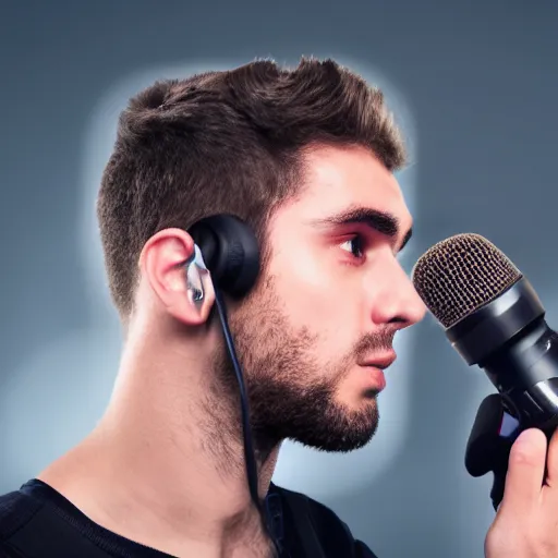 Prompt: handsome Portuguese-British male twitch streamer looking angrily at his expensive microphone which isn't working, high quality photo, 4k