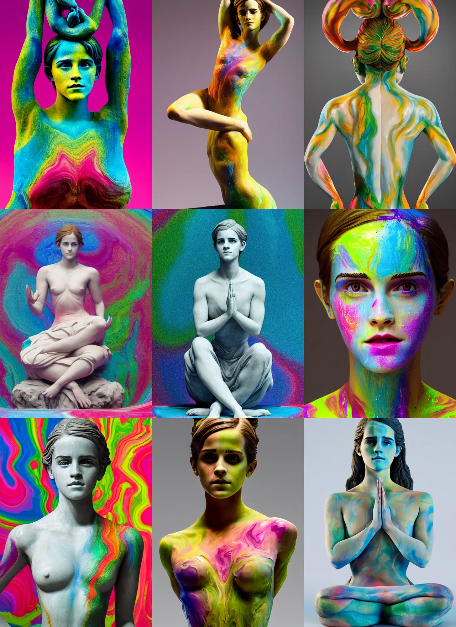 Prompt: 3D print marble sculpture of Emma Watson by Jean-Baptiste Carpeaux and Luo Li Rong and Michael James Talbot, sitting yoga meditation pose, beautiful body, perfect symmetrical face, colorful, bright psychedelic colors, bodypaint, acrylic paint splashes, full length shot, elegant, realistic, 8K, female full-skin figure, hyperrealism, subsurface scattering, raytracing, soft light, Octane Render, Redshift, Zbrush