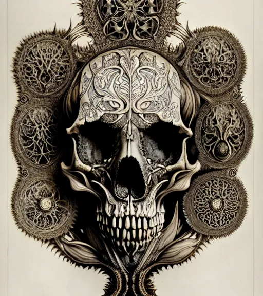 Image similar to art forms of nature by ernst haeckel, memento mori by arthur rackham, ornate antique porcelain beautiful skull mask, ultrasharp, photorealistic, hyperdetailed, octane render, polished, art nouveau, neo - gothic, gothic, intricate ornamental organic filigree, art nouveau botanicals, art forms of nature by ernst haeckel, horizontal symmetry, symbolist, visionary