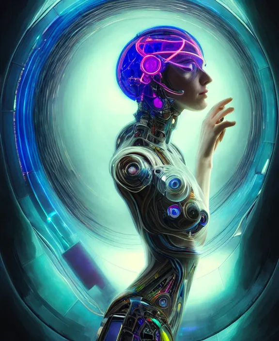 Image similar to a whirlwind of souls rushing inside the metaverse, hologram, half body, neurochip, shaved temple, piercing, jewelry, android, cyborg, cyberpunk face, by loish, d & d, fantasy, intricate, elegant, highly detailed, colorful, digital painting, artstation, concept art, art by artgerm and greg rutkowski and alphonse mucha