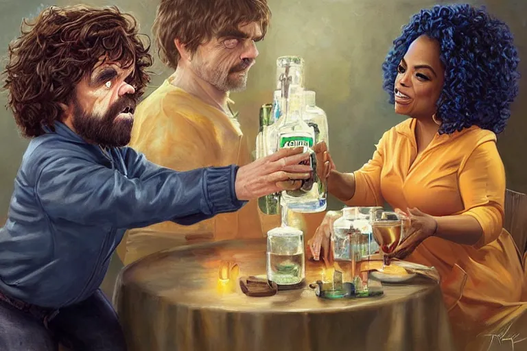 Image similar to portrait of oprah winfrey feeding peter dinklage a bottle, an oil painting by ross tran and thomas kincade