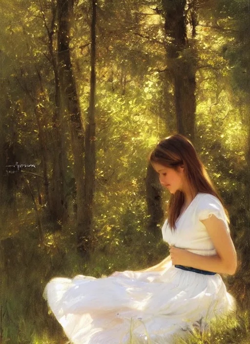 Image similar to A girl wearing a white skirt in the forest, by Vicente Romero Redondo