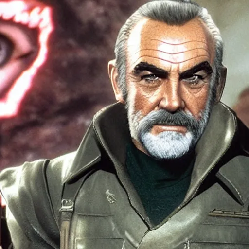 Prompt: sean connery as big boss, white hair, eye patch dim lighting