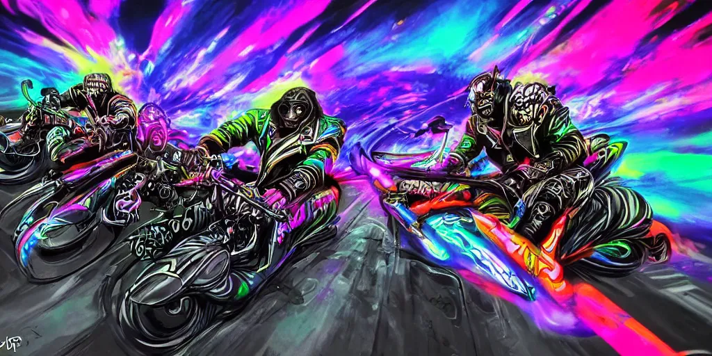 Image similar to psychedelic blacklight airbrush artwork, motorcycles, hyper stylized action shot of orc bikers racing on motorcycles, menacing orcs, drifting, skidding, wheelie, clear focused details, soft airbrushed artwork, black background, cgsociety, artstation