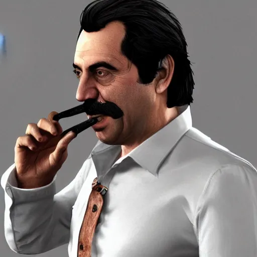 Prompt: a midage italian male, beardless, short black hair with gel, overweight, fine white shirt, leather belt, black pants, leather shoes, smoking a cigar, close up, gta v style, concept art, highly detailed, hyper realistic, unreal engine