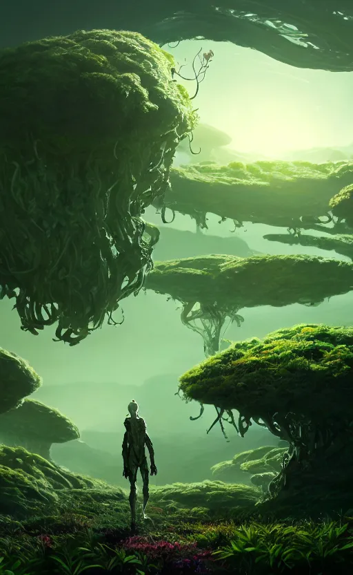 Image similar to a plant creature, plant filaments and flowers, walking on an alien planet with aliens plants, looking at an alien breathtaking landscape, cinematic lighting, concept art, artstation