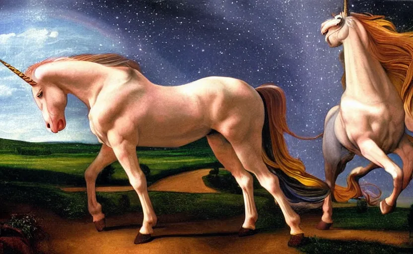 Image similar to a lonely unicorn walking on a rainbow in the universe in the style of Caravaggio, digital art, high quality, highly detailed, high coherence, anatomically correct, Caravaggio, concept art, marterpiece