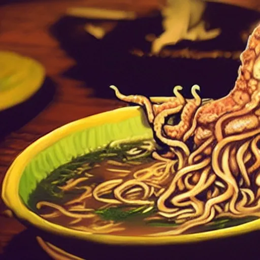 Image similar to photo of Cthulhu (from Lovecraft) sitting at table holding its tentacle over a bowl of ramen