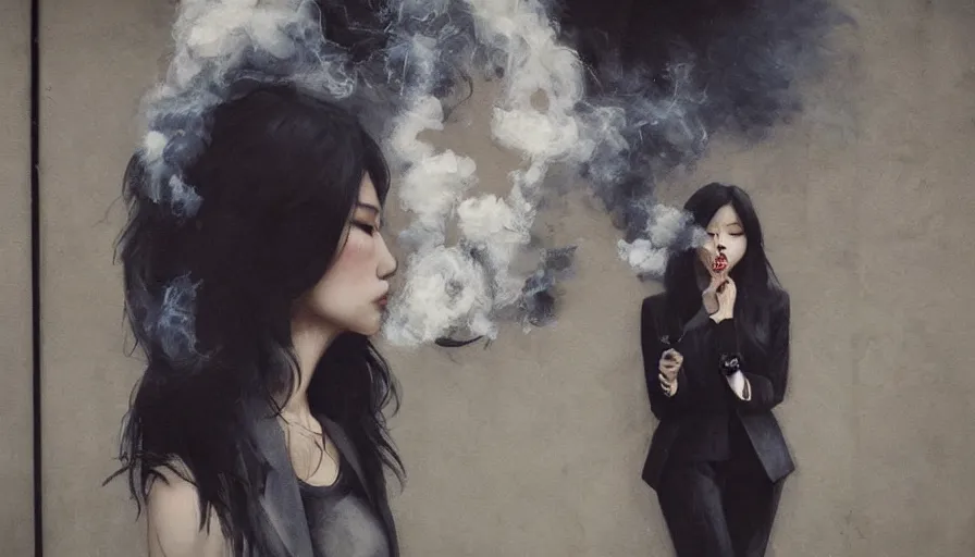 Image similar to a beautiful woman smoking, wearing a suit, street at night, asian, long black hair, hand - painted, guweiz style