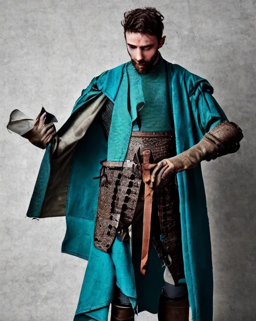 Image similar to an award - winning photo of a ancient male model wearing a plain baggy teal distressed medieval designer menswear cloth jacket slightly inspired by medieval armour designed by raf simons, 4 k, studio lighting, wide angle lens