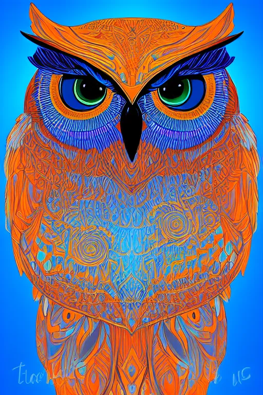 Prompt: glowing owl, blue and orange colours, highly detailed, digital art, sharp focus, trending on art station