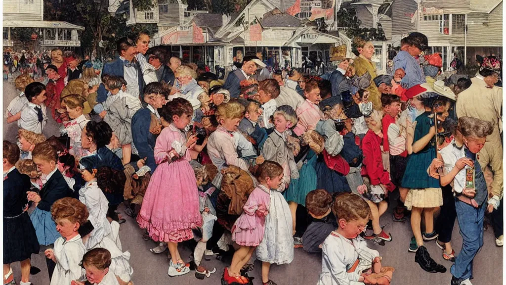 Image similar to kids wandering through a carnival, all ignoring the rides and pasting in their phones instead, by Norman Rockwell