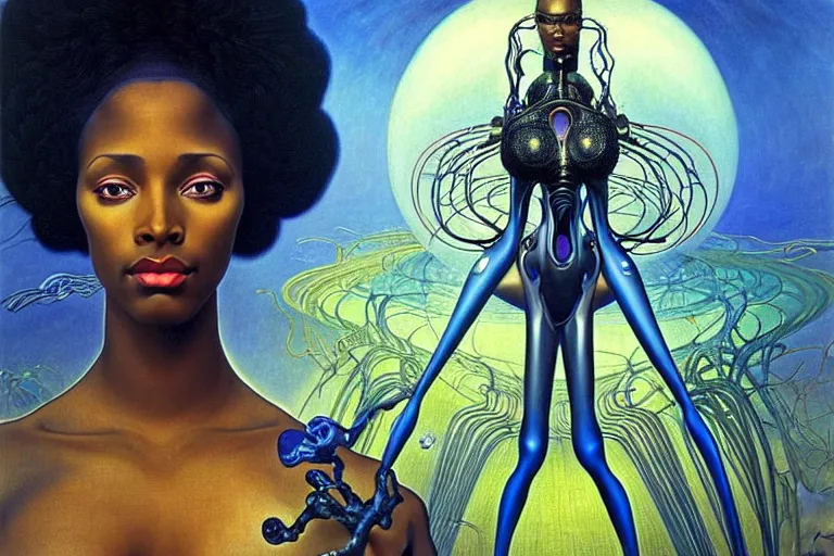 Image similar to realistic extremely detailed portrait painting of a beautiful black woman with a robot, futuristic sci-fi landscape on background by Jean Delville, Amano, Yves Tanguy, Mark Brooks, Alphonse Mucha, Ernst Haeckel, Edward Robert Hughes, Roger Dean, rich moody colours, blue eyes