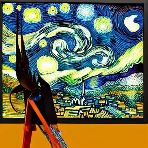 Image similar to joyous, fit, powerful, vincent van gogh standing next to his small painting starry night which is on an easel, stop motion vinyl action figure, plastic, toy, butcher billy style