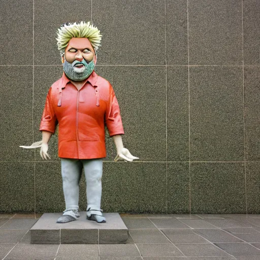 Prompt: A monumental, 10 feet tall sandstone sculpture of Guy Fieri standing, in the middle of a rainy courtyard, natural overcast lighting, museum catalog photography, F 2.8, 85mm Velvia 100, high DOF