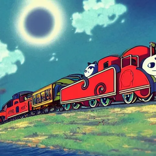 Image similar to “Thomas the train, as a cat, anime style”