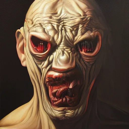 Image similar to oil painting by christian rex van minnen portrait of an extremely bizarre disturbing mutated man with intense chiaroscuro lighting perfect composition masterpiece intense emotion