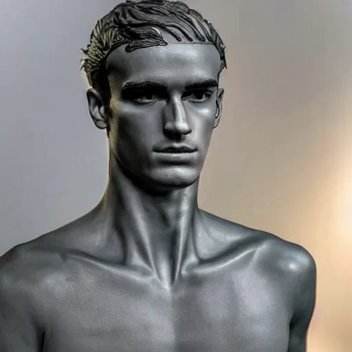 Image similar to “ a realistic detailed photo of a guy who is an attractive humanoid who is half robot and half humanoid, who is a male android, soccer player antoine griezmann, shiny skin, posing like a statue, blank stare, at the museum, on display ”