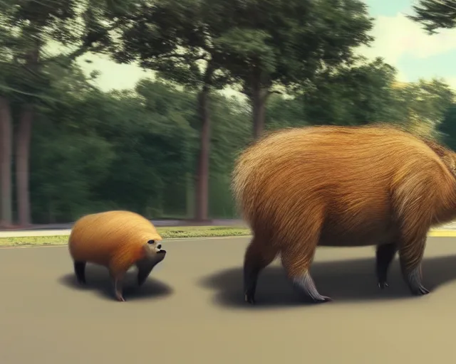 Prompt: capybara speeding in a covnertible, detailed capybara, octane render, photorealism, cgsociety