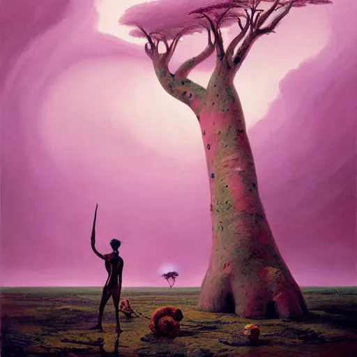 Prompt: a zulu hunter near a pink lake with a a baobab tree during a thunderstorm by greg rutkowski and android jones in a surreal portrait style, oil on canvas, 8k resolution.