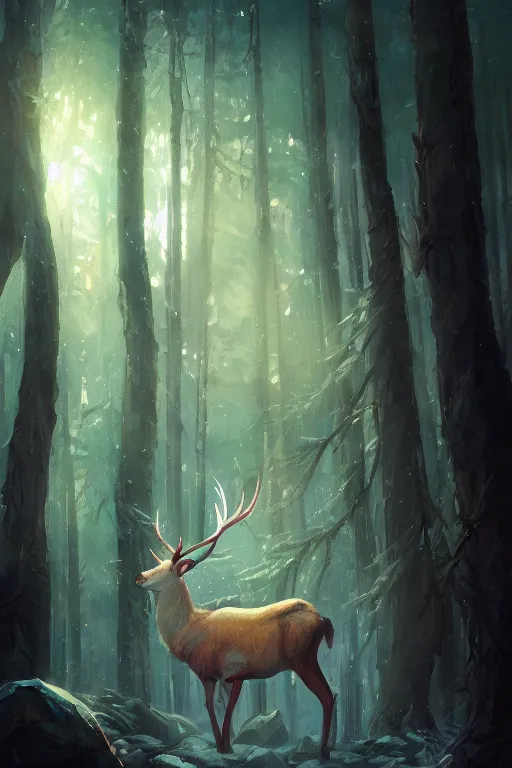 Image similar to Magical White Stag, lush evergreen forest, vivid colors, night scene, 4K, character concept art, oil painting, digital painting, painterly, cinematic lighting, rule of thirds, trending in artstation, cgsociety, by anato finnstark, Artgerm, Greg Rutkowski, Joseph Christian Leyendecker