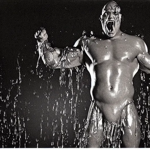 Image similar to 1 9 9 0's wwe publicity photo, a giant muscular man covered in wet reflective slime crawling out of a giant slimy wet cocoon, screaming in agony, inside a secret occult dark evil lab, ultra - detailed, photorealistic