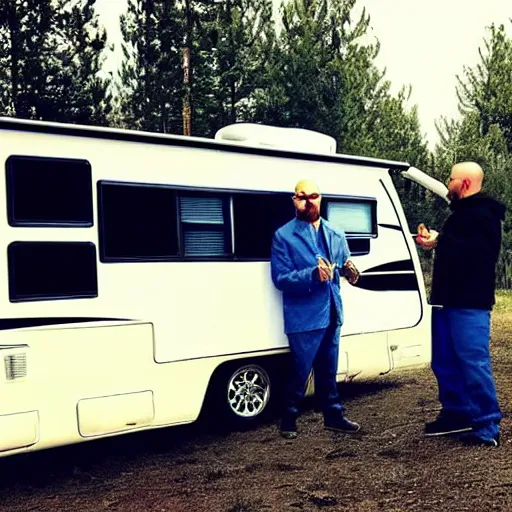 Prompt: Walter White cooking blue meth with Seth Rogan inside an RV