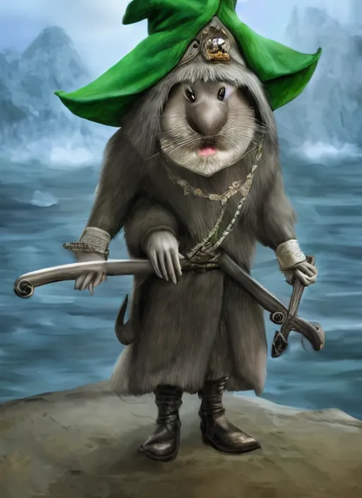 Image similar to gray rat standing on two legs, gray beard, wearing jewelry, green eyes, tricorne hat, green robe, D&D, digital art, realistic, trending on artstation, 4k, sea in the background