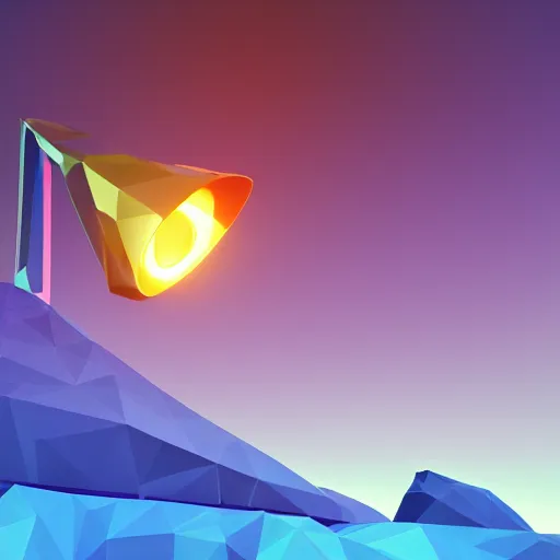 Image similar to a futuristic beacon shining light across black space, low - poly, colorful,