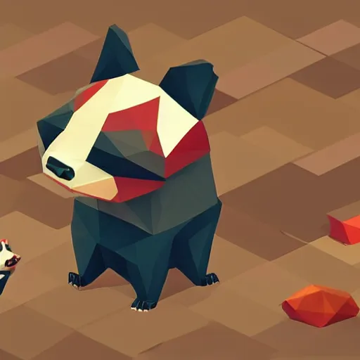 Prompt: isometric cute low - poly red panda playing with a low - poly raccoon