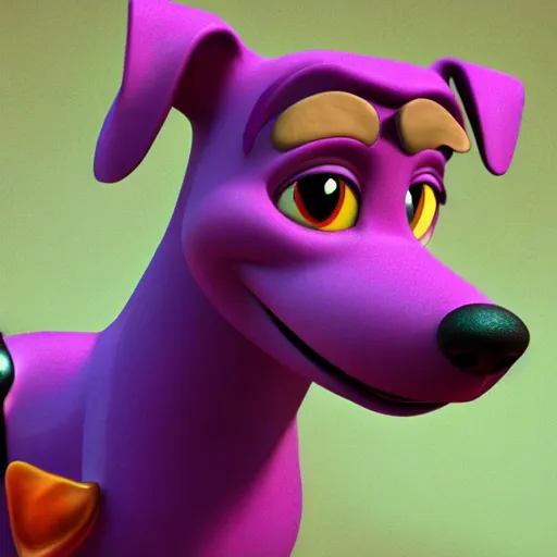 Image similar to a beautiful 3d render of a purple dog in a disney movie, in the style of disney, pixar, mixed media collage, highly detailed, 8k resolution