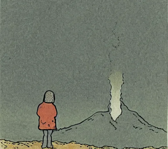 Image similar to a lost child wanders over a volcano, art by Edward Gorey,