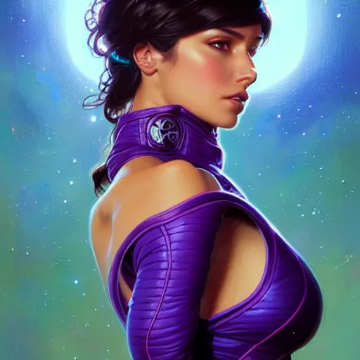 Image similar to Portrait of very very very very very very beautiful Latina woman, spacesuit, purple eyes, intricate, elegant, highly detailed, digital painting, artstation, concept art, smooth, sharp focus, illustration, art by artgerm and greg rutkowski and alphonse mucha