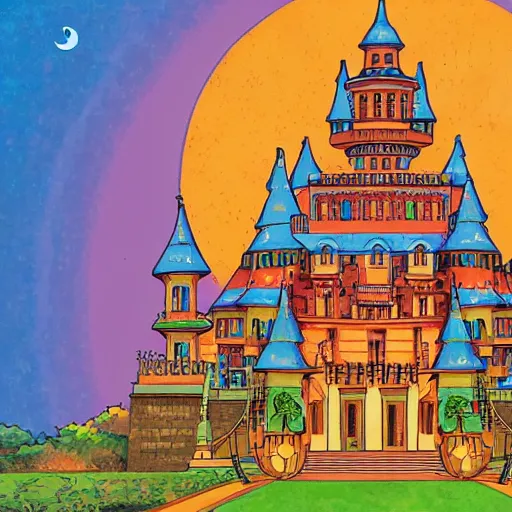 Image similar to intricate illustration, african style castle, ghibli colorful, cinematic composition