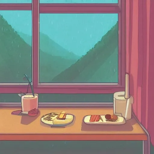 Image similar to breakfast, rainy day, anime, ghibli, 9 0 s, retro style, aesthetic, chill, room