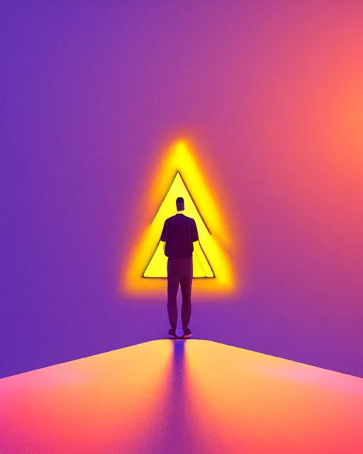 Image similar to a man standing in the middle of a mountain with a glowy neon triangle, a render by filip hodas, behance contest winner, environmental art, rendered in cinema 4 d, volumetric lighting